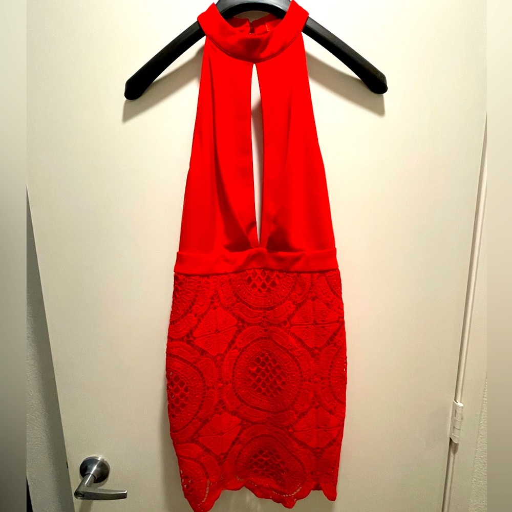 Red halter dress with deep neckline